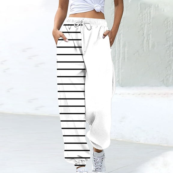 Snorda Joggers for Women Asymmetrical Striped Pants Elastic Drawstring Waist Trousers with Pockets Casual Sweatpants for Everyday Wear and Relaxed Athleisure