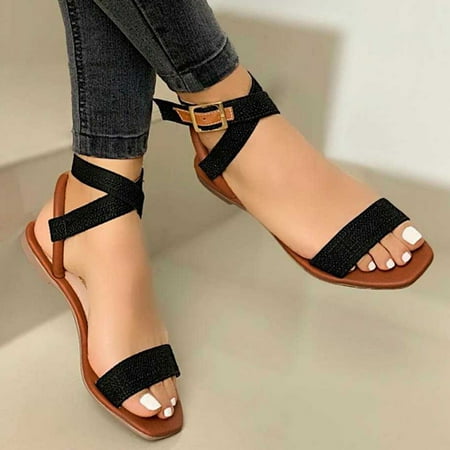 Women Shoes Women s Large Flat Size Fashion Summer Casual Color Buckle Sandals Women s Sandals Black 9
