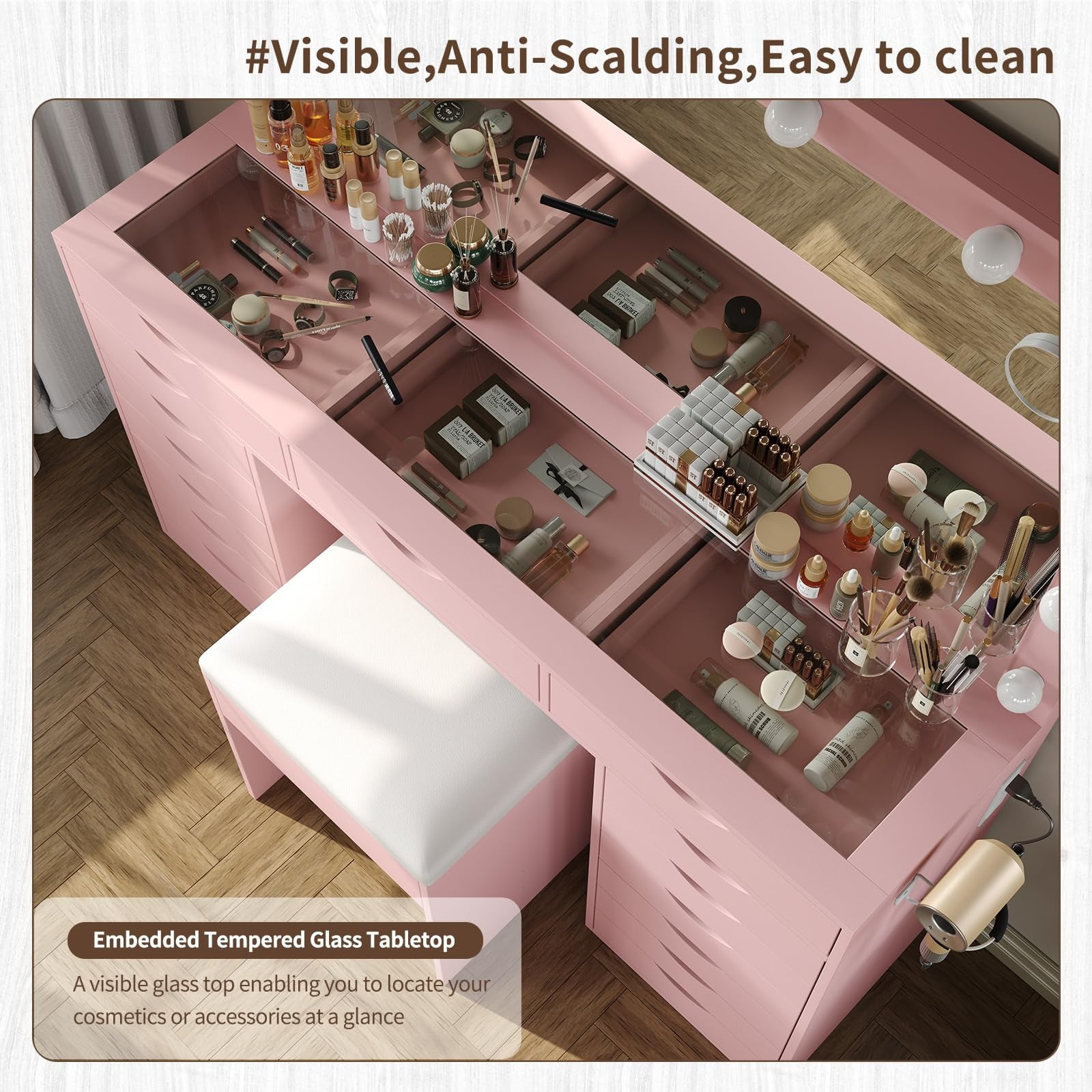 Yanosaku 15-Drawer Vanity Desk with Mirror, Power Outlet, LED Lights, Glass Top Dressing Table for Bedroom