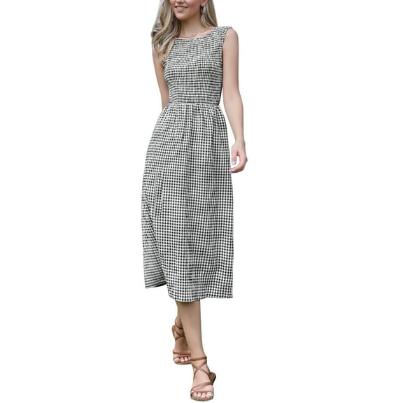 INSPIRE CHIC Plaid A-Line Dress for Women Smocked Sleeveless Crew Neck Flowy Midi Summer Dresses with Pockets XS Black