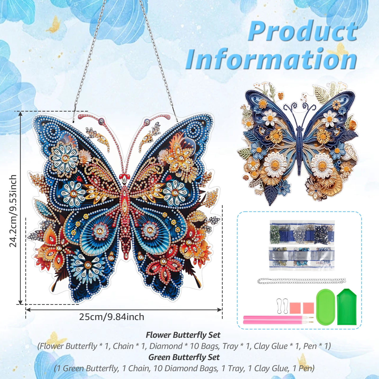2 PACK DIY Hanging Diamond Art Pendant Painting Kit Butterfly, Special Crystal Gem Craft Painting Kit Ornament, Box Package,9.5x9.8inch
