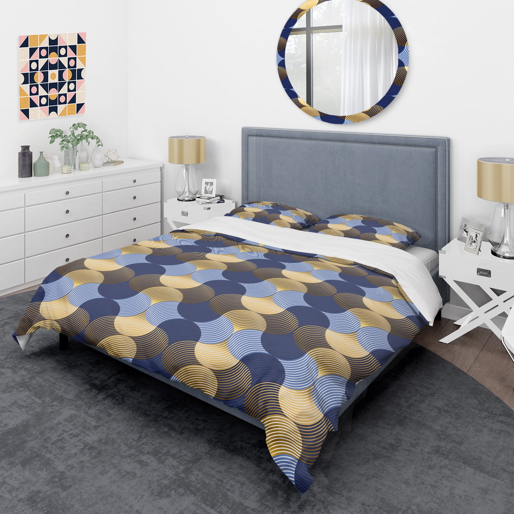 Designart 'Retro Luxury Waves In Gold And Blue II' Mid-Century Modern Duvet Cover Set