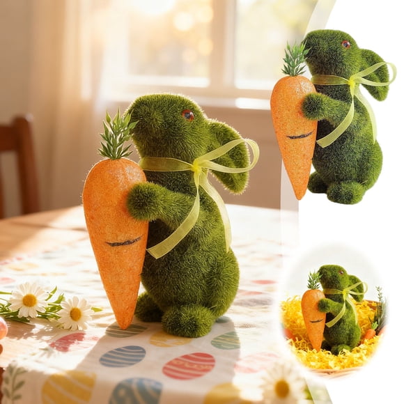 Desktop Ornament Easter Bunny Centerpiece with Carrot Figurine Green Bunny Statues for Home Décor Seasonal Garden Foam Craft