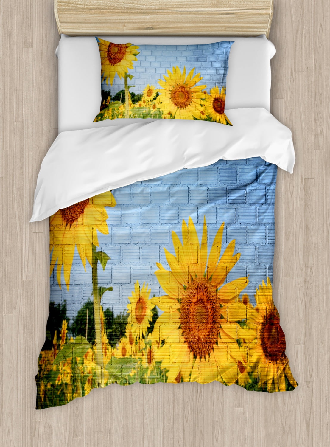 Brick Wall Duvet Cover Set, Sunflower Drawing on Wall Peaceful Habitat