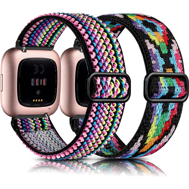 Compatible avec Fitbit Versa 2 Bracelets Femmes Hommes, 2 Pack Bracelet Élastique Réglable en Nylon Doux de Remplacement pour Fitbit Versa 2/Versa/Versa Lite/SE Montre Intelligente Aztec Tissage Coloré/coloré