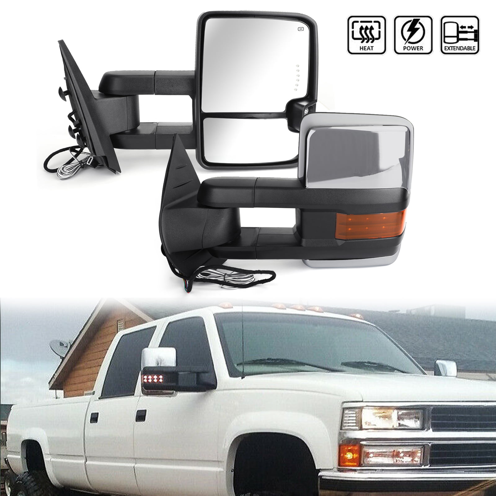 Fit 2007-2014 Chevy Silverado Black Manual Side Towing Mirror LED Amber Sig...