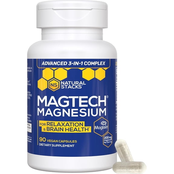 Natural Stacks MagTech Magnesium Supplement - Chelated Magnesium Complex - 3 Forms of Magnesium: Magtein Magnesium L-Threonate, Glycinate & Taurate - Supports Relaxation & Brain Health, 90 Capsules
