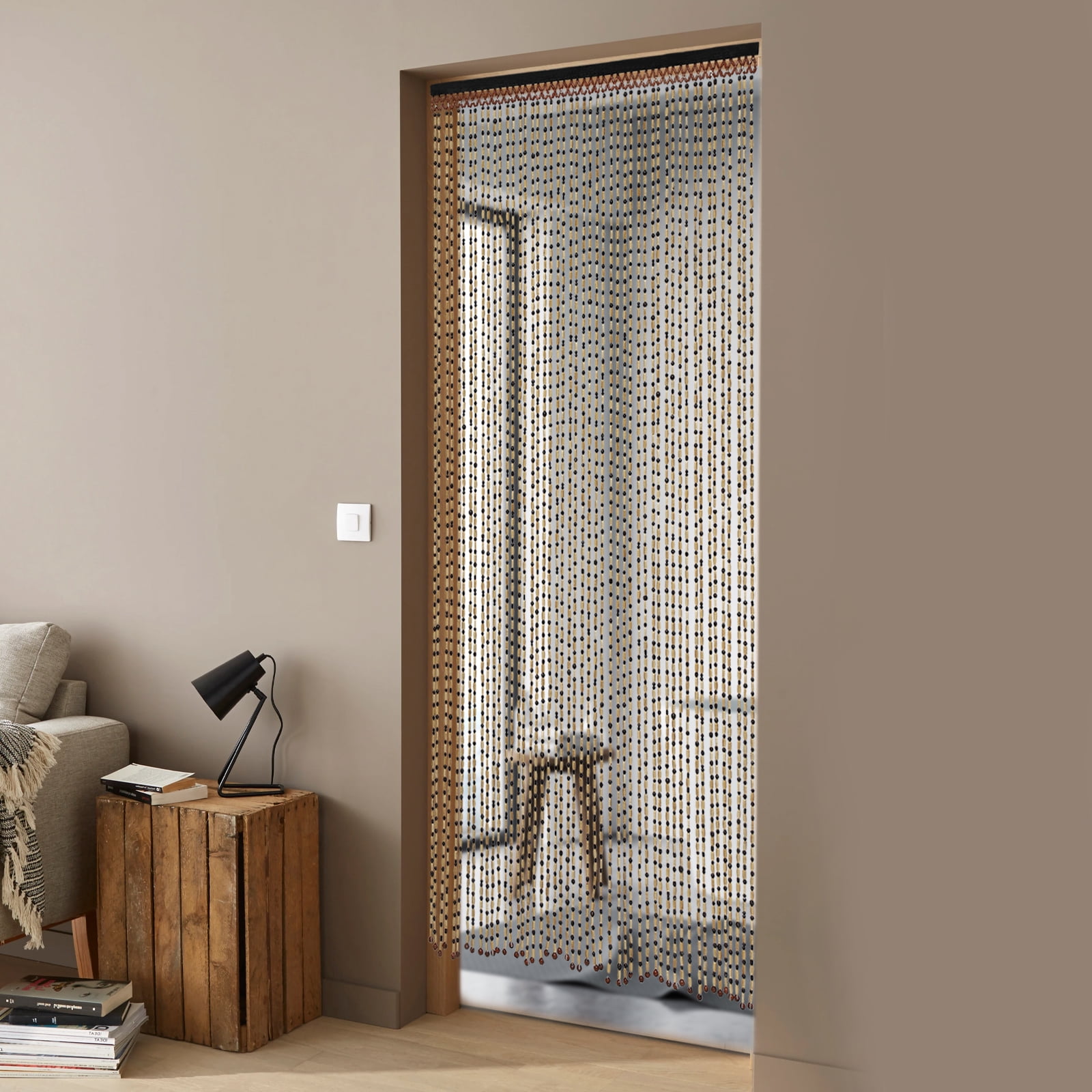 Bamboo Bead Curtain 74.8"x35.43" Traditional Wood Beaded Door & Window Curtain, Privacy Protector, Mosquito & Insect Barrier, Red Wine/Black/Beige