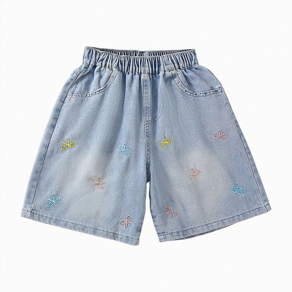 KPOPLK Girls Stretchy Denim Shorts Summer Casual Drawstring Elastic Waist Jean Shorts Jorts with Pockets,Sky Blue,Size 7-8 Years