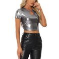 thumbnail image 4 of INSPIRE CHIC Crop Tops Metálicos para Mujeres con Manga Corta y Abertura para Fiesta de Halloween Top Brillante Holográfico XL Negro Plateado, 4 of 5