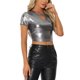 thumbnail image 4 of INSPIRE CHIC Crop Tops Metálicos para Mujeres con Manga Corta y Abertura para Fiesta de Halloween Top Brillante Holográfico XL Negro Plateado, 4 of 5