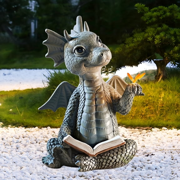 XIBUFE Baby Dragon Reading Book Statue, Resin Garden Decor Sculpture for Patio, Yard, Lawn, and Balcony