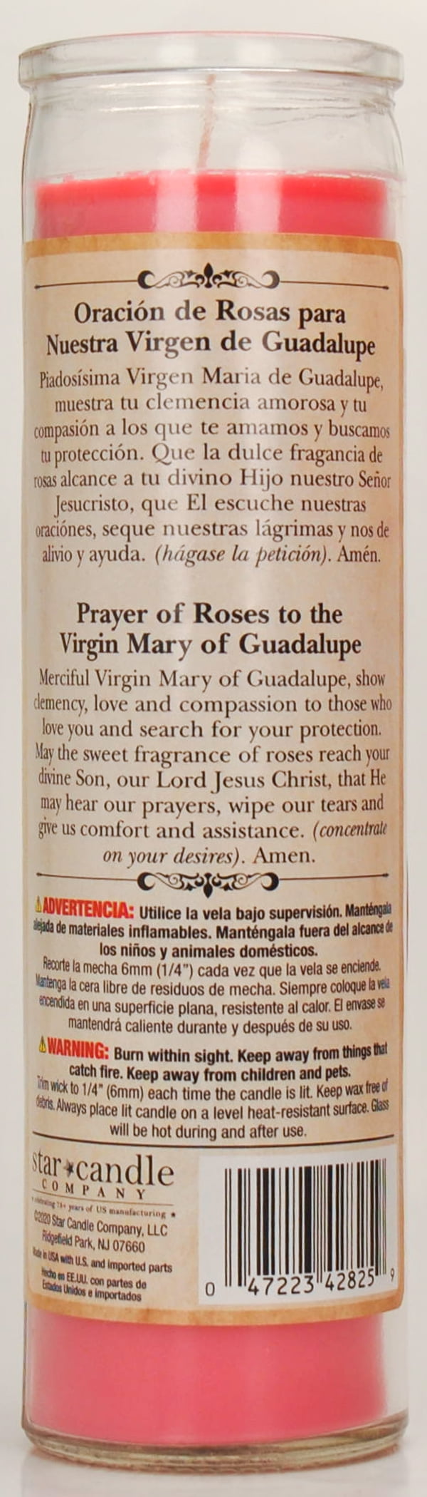Prayer Candle V Guadalupe Rose Scent Pink Wax, 8 Inch