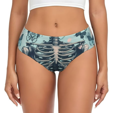 Naloa Butterflies Skull Bows Womens No Show Cotton Underwear Mid-High Waisted Soft Ladies Panties Strech Breathable Briefs -Large