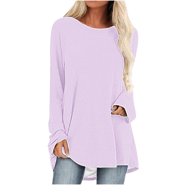 AherBiu Womens Tops Long Sleeve Crewneck Basic Tshirts Loose Fitted Flowy Solid Color Longline Top