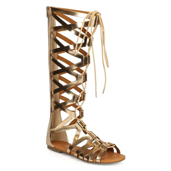 Soda Ranger Metallic Open Toe Criss Cross Knee High Gilly Tie Gladiator Sandal