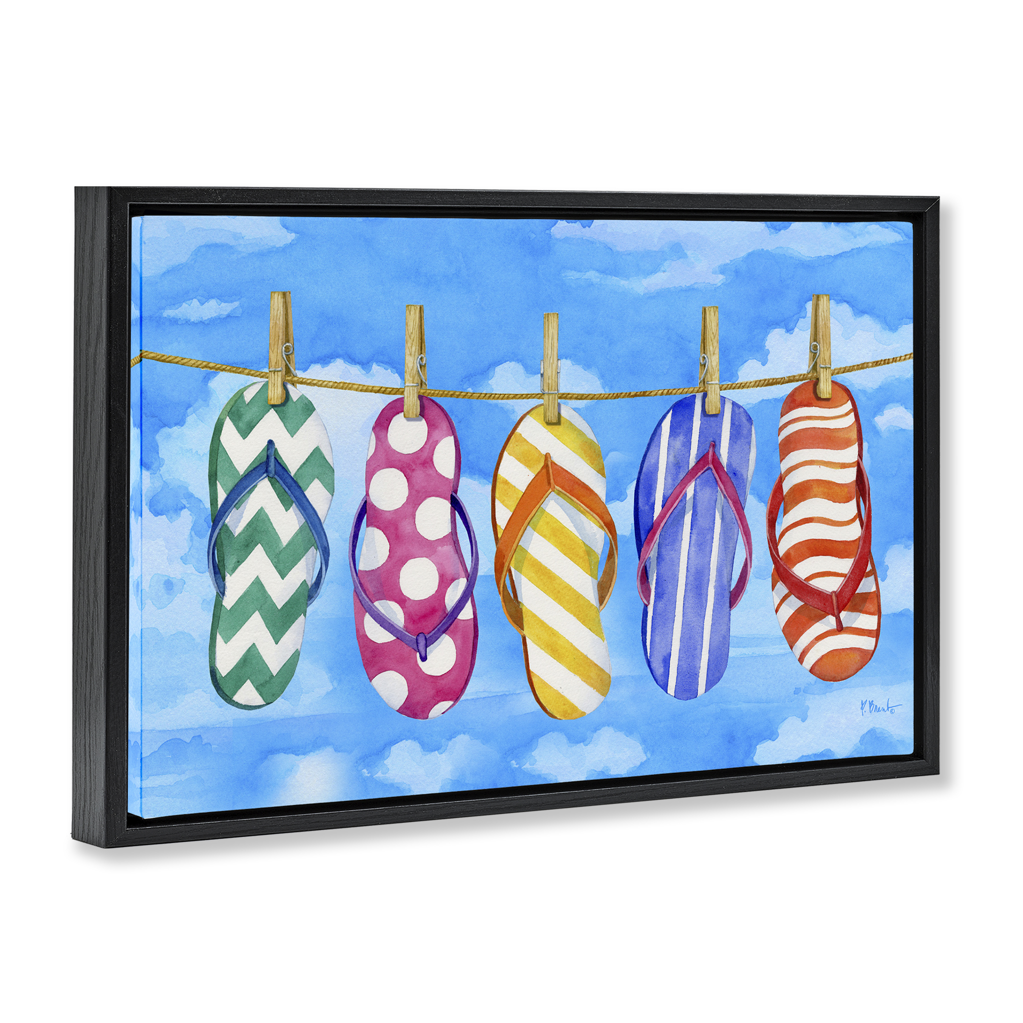 Stupell Industries Flip Flops on Clothesline Beauty & Fashion Painting Black Floater Framed Canvas Art Print Wall Art, 25 x 17