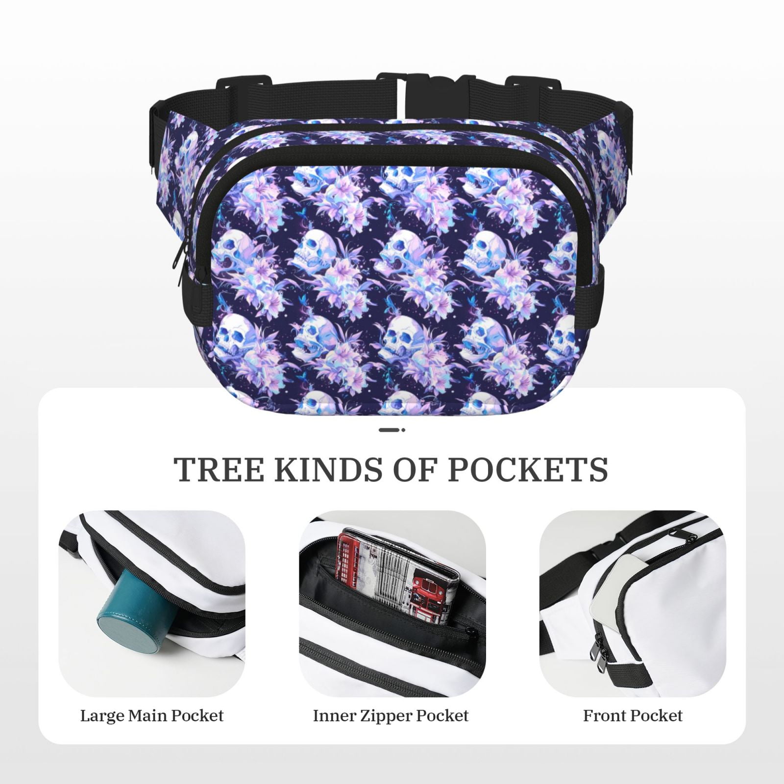 Picia blue starry sky Skull flower Print Square Double-Layer Waist Bag Mini Adjustable Waist Belt Bag Exercise Running Travel Hiking