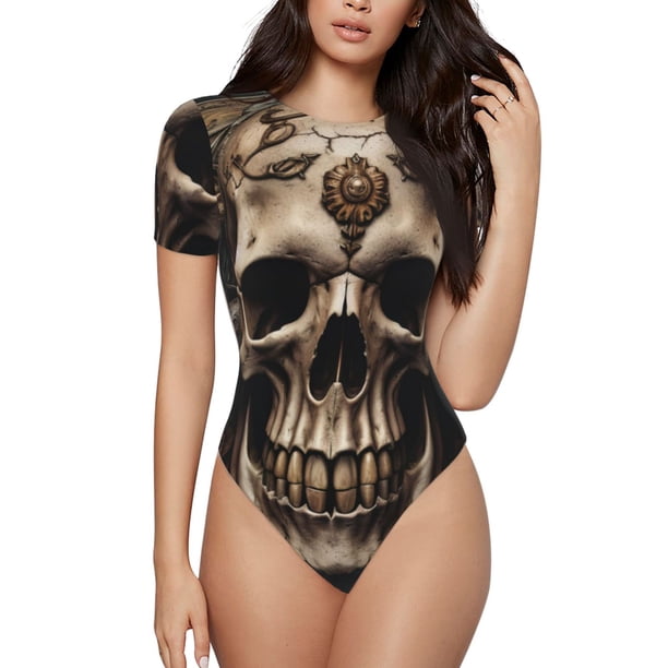 Balery Metal Style Horned Skull Body de cuello redondo de manga corta para mujer Tops de manga corta Tops básicos-X-Large
