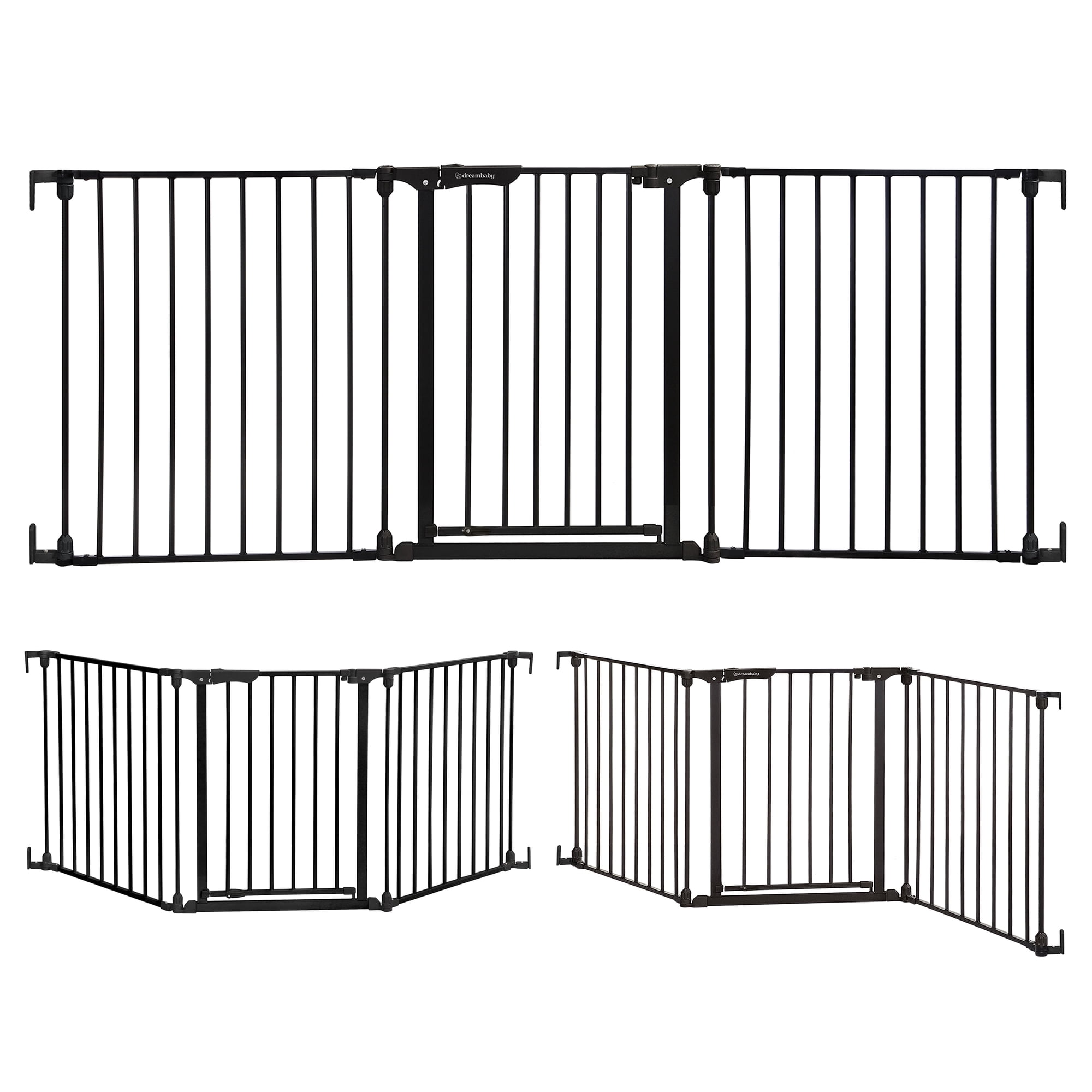 Dreambaby Discovery Metal Baby Gate - 76.5" Extra Wide 3 Panel Walk Through Door for Angled Openings, Configurable for Stairs and Hallways, 29in High