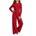 thumbnail image 4 of QTBIUQ Girls Two-Piece Fall Set Long-Sleeve Fitted Crop Top and Elastic Waist Wide-Leg Pants Casual Outfit Set, 4 of 6