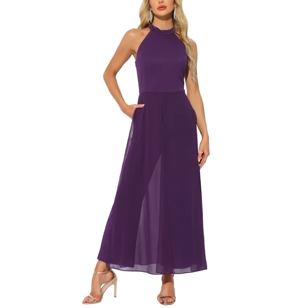 MONO ELEGANTE PARA MUJER con cuello halter, sin mangas, elegante, formal, de pierna ancha, color púrpura oscuro
