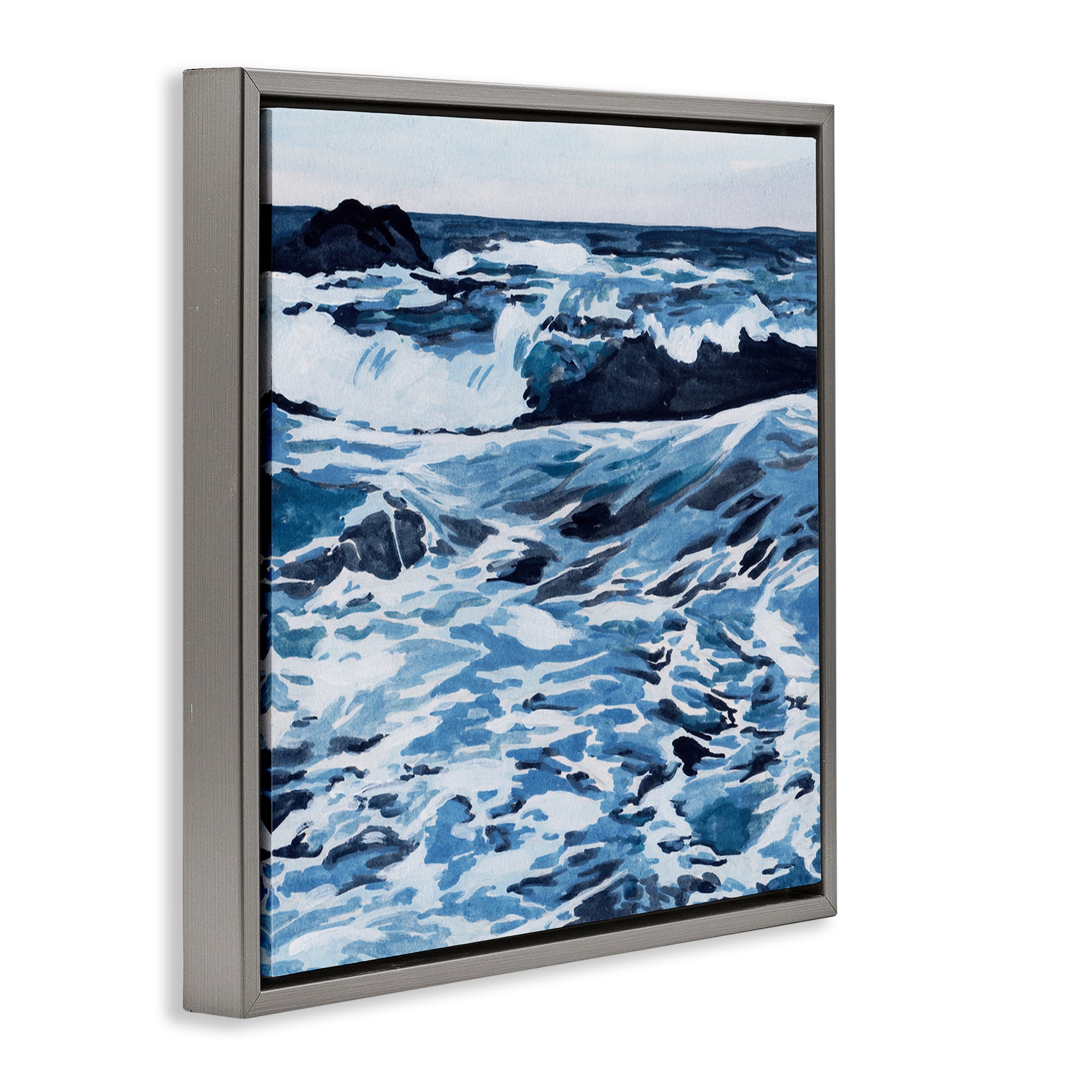 Stupell Industries Blue Coastal Waves Landscape Painting Gray Floater Framed Canvas Art Print Wall Art, 18 x 18