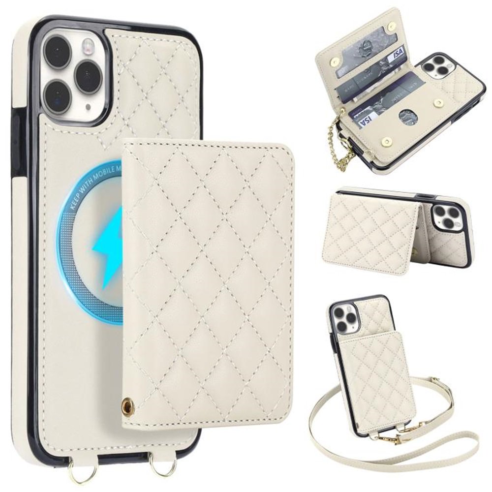For Apple iPhone 11 Pro Max RFID Blocking Wallet Case Magnetic Flip Cover Multi-Card Slots Detachable Shoulder Strap And Wrist Strap,White,For iPhone 11 Pro Max