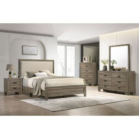 Beautiful Gray Finish 5Pc King Size Panel Bed Dresser Mirror Nightstand Wooden Furniture Set