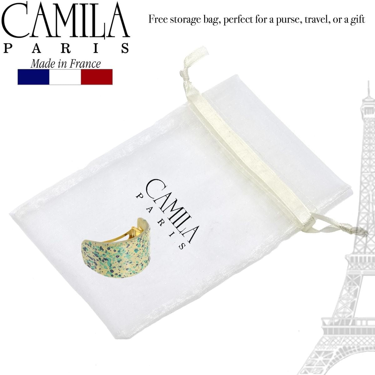 Camila Paris CP3215 French Hair Barrette, Hair Ponytail Holder for Fine Long Hair, Green and White, Strong Hold Grip Hair Clips for Women, No Slip Styling Girls Hair Accessories, Made in France