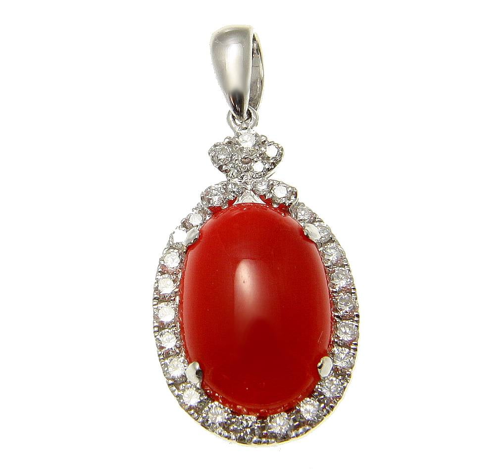Genuine natural red coral diamond pendant set in solid 14k white gold 13.25mm by