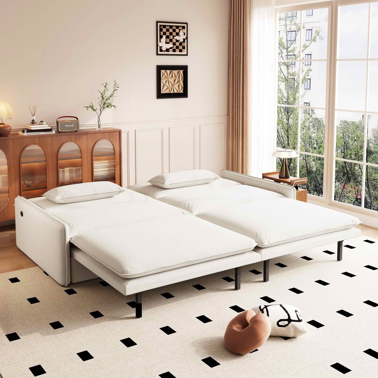 MAYEERTY 81.1" 4‑Seat Convertible Sleeper Sofa Bed, Cloud‑Like Chenille Couch with Storage, USB Port and 2‑in‑1 Pillows
