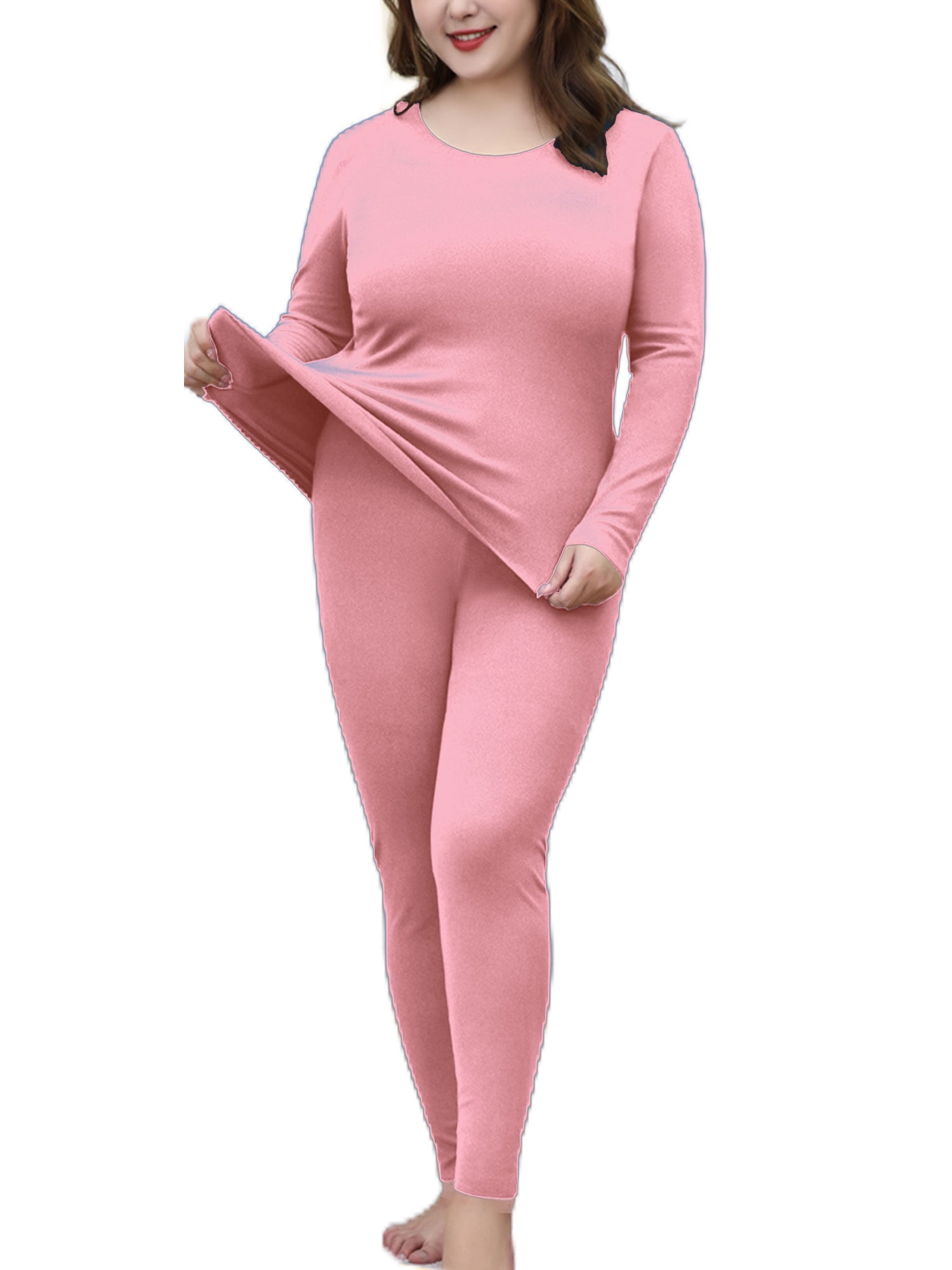 Capreze Plus Size Long Johns Set Thermal Underwear for Women Base Layer  Pajama Set Stretch Thermal Top and Bottom Set Pink 5XL 