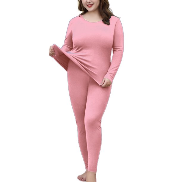 Fashnice Ladies Thermal Underwear Long Sleeve Johns Set Solid Color Top And  Bottom Suits Warm Base Layer Pajama Sets Pink 5XL