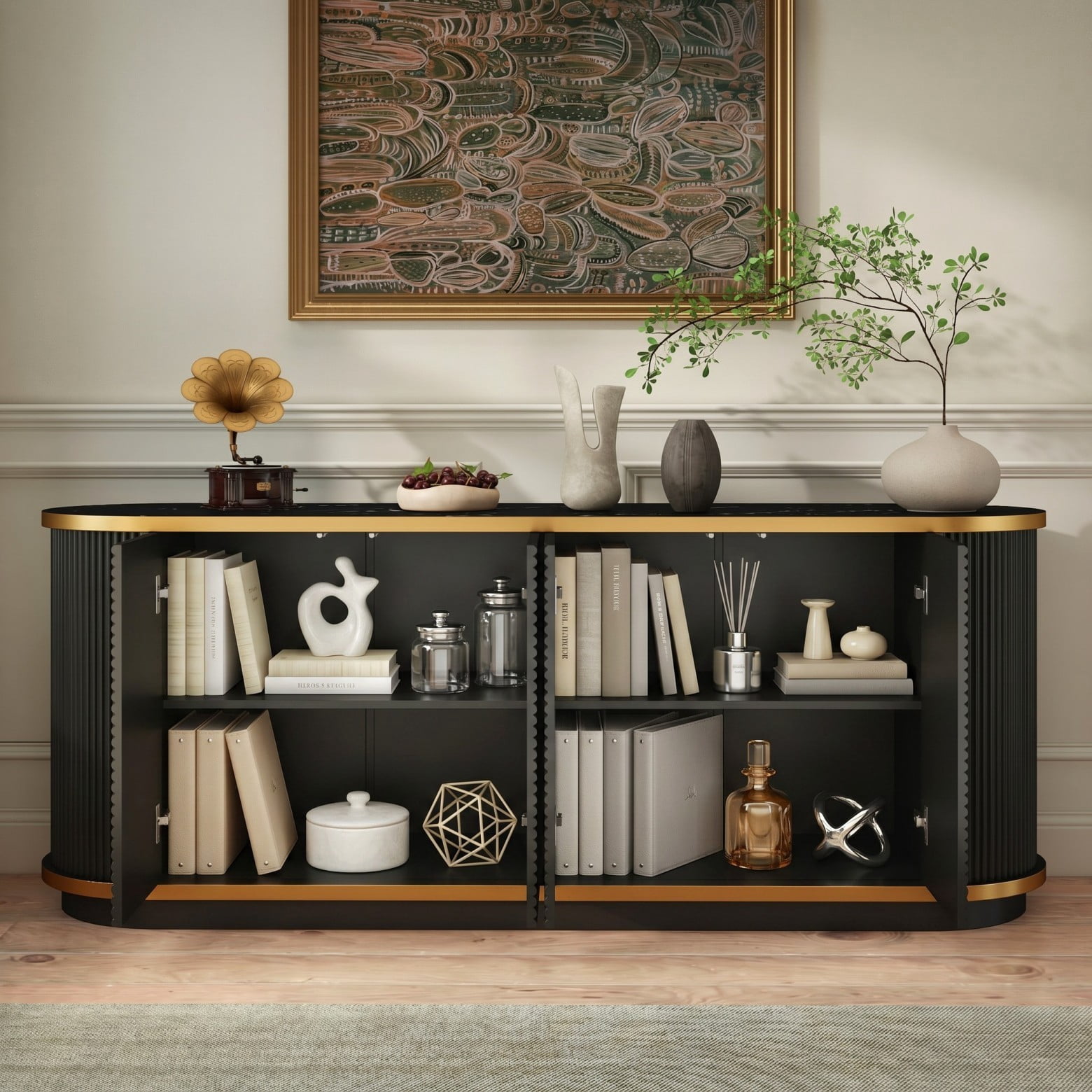 63" Fluted Sideboard Cabinet with Marble Top, 4 Door Buffet Credenza Storage, Push-to-Open Doors & Gold Trim TV Console, Black