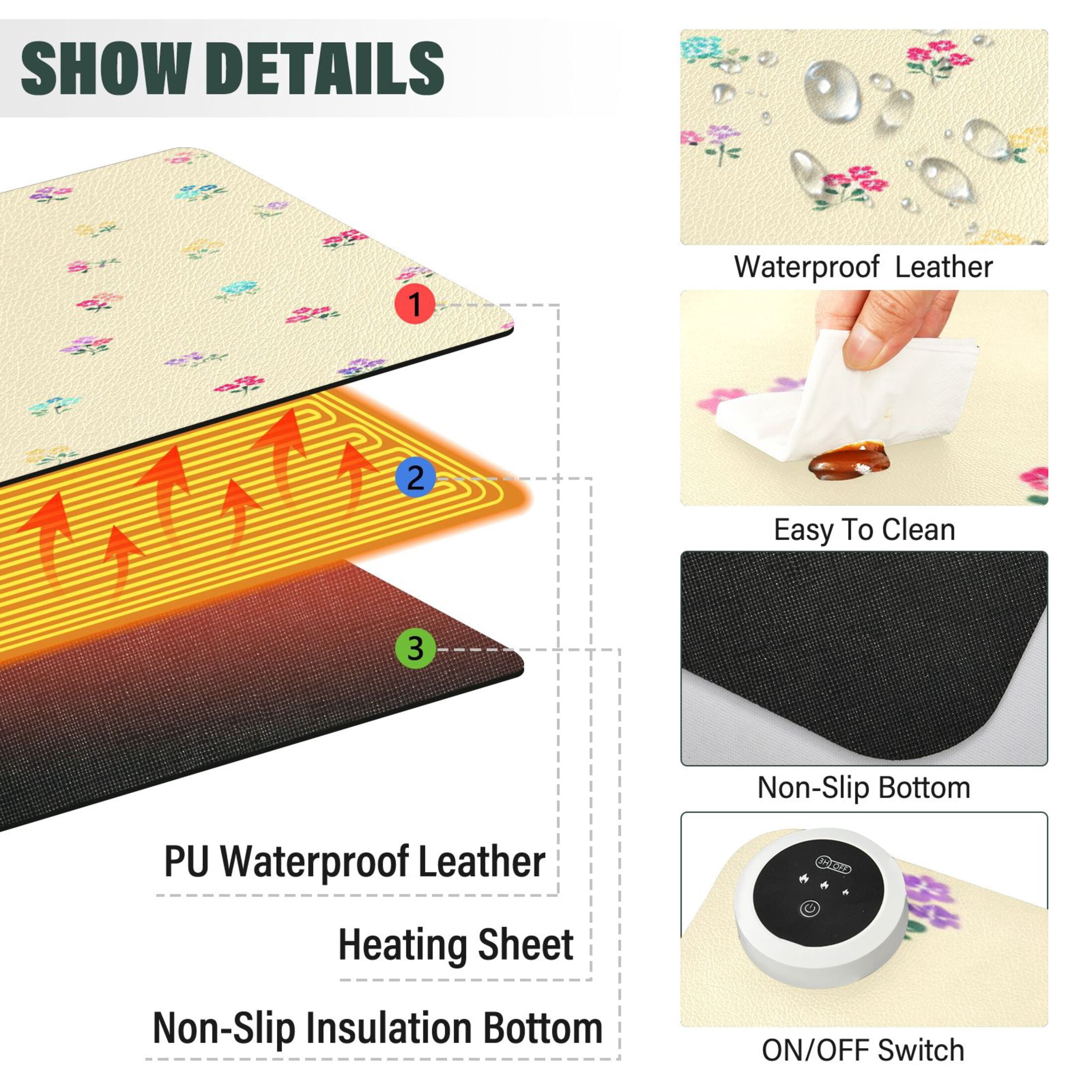 Large Heated Desk Mat Mouse Pad 31.5"x13"PU Leather Graphene Heating Desk Warmer with 3 Temperature Settings 110V US Plug Non-Slip Warm Pad for Home, Office, and Gaming Spring Ditsy Wildflowers Print