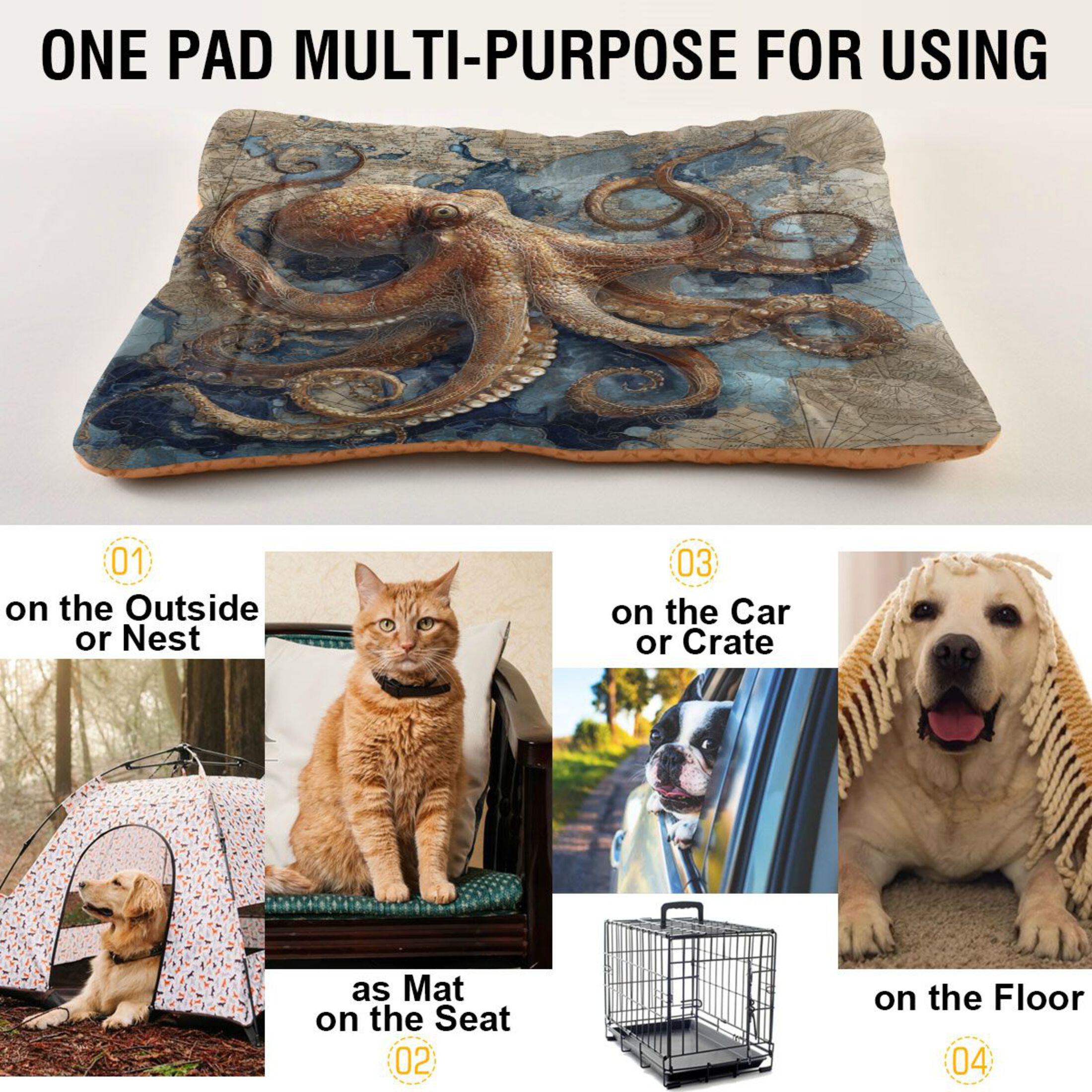 Qxltty Deep Sea Octopus Ped Pad Wear-resistant and Hard to Bite Through Sleeping Pad for Small Medium Large Dogs Winter Pet Bed 36×24in