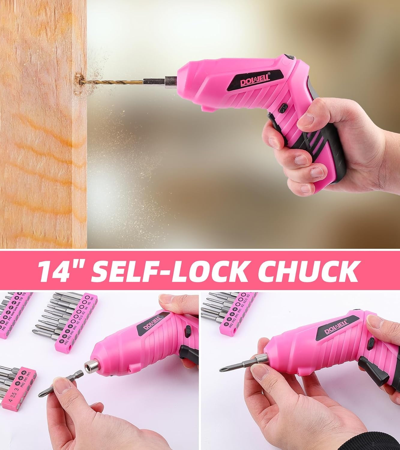 DOWELL Power Electric Cordless Screwdriver Set Rechargeable 3.6V Power Screwdriver Kit Tools for Women with 28pcs Accessories Pink