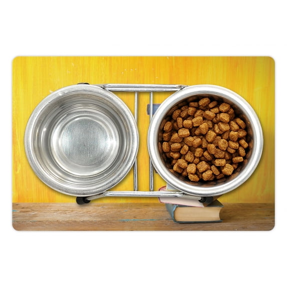 Books Pet Mat for Food and Water, Minimal Photo with Stack of Old Novels Front of a Yellow Toned Grungy Wall, Non-Slip Rubber Mat for Dogs and Cats, 18" X 12", by Ambesonne