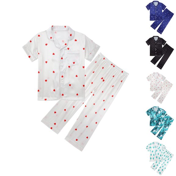 UJNDER Girls Cartoon Print Lapel Collar Short Sleeve Top and Long Pants Spring Summer Loungewear Pajama Set for Toddler Kids Kids Pajamas,Red,6-7 Years