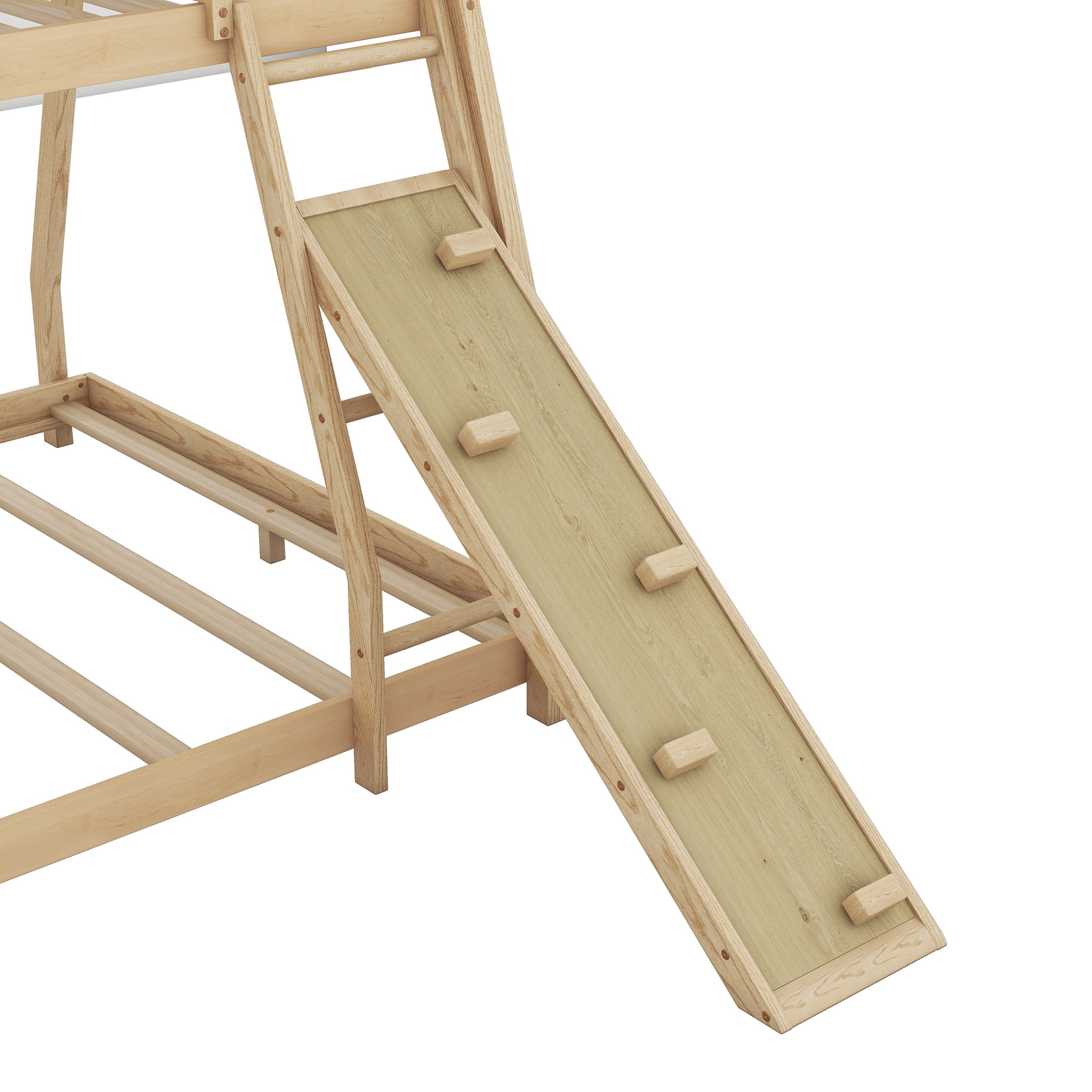 Euroco Twin over Queen Bunk Bed with Climbing Nets and Ramp for Kids Bedroom, Natural