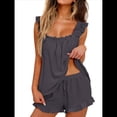 thumbnail image 3 of Conjunto de Pijama de 2 Piezas para Mujer con Volantes, Camiseta Sin Mangas y Pantalones Cortos Suaves, Pijama de Novia para Mujer. Gris Oscuro S, 3 of 10