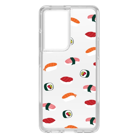DistinctInk Clear Shockproof Hybrid Case for Galaxy S21 ULTRA 5G (6.8" Screen) - TPU Bumper, Acrylic Back, Tempered Glass Screen Protector - Cartoon Sushi