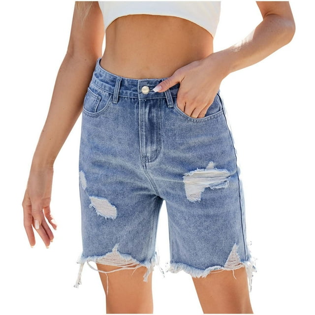 Dealovy Womens Denim Shorts High Waisted Jean Shorts Distressed Ripped Frayed Knee Length Summer Shorts
