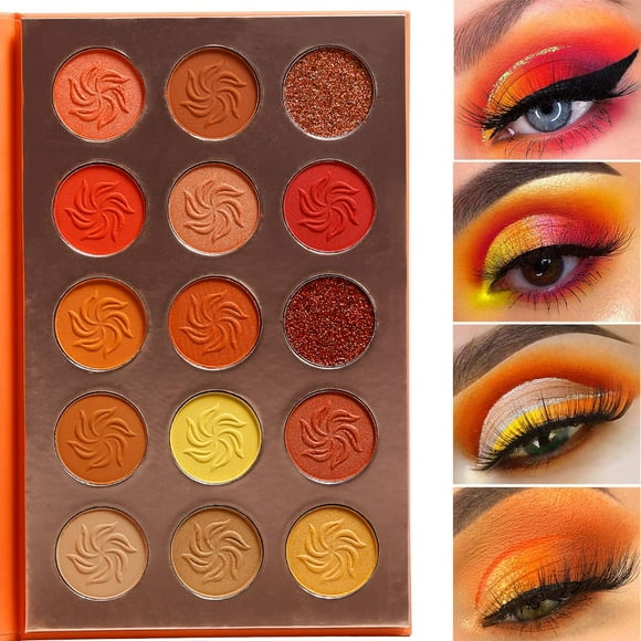 Red Orange Matte Glitter Eyeshadow Palette, Pigmented Matte Glitter Eyeshadow Palette, Gold Neutral Brown Glitter, Autumn Sunset, Metallic Girl