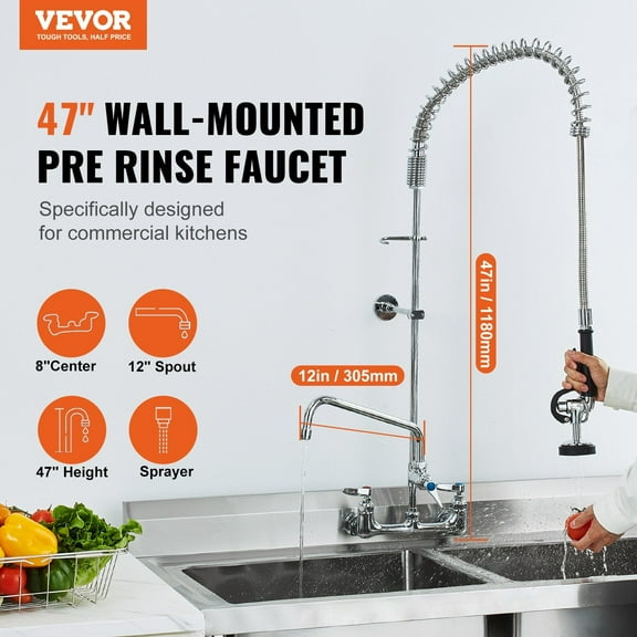 3-Sink Commercial Faucet, 47" Tall Wall Mount with Pre-Rinse Sprayer, 8" Installation, 12" Swing Spout, Constructed of Brass