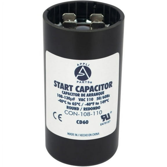 Appli Parts motor start capacitor 108-130 Mfd (microfarads) uF 110-125 VAC universal fit for electric motor applications 1-7/16 in Diameter 2-3/4 in Height CON-108-110