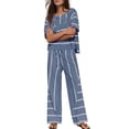 thumbnail image 5 of Women's Striped Two Piece Set, Crew Neck Top with Pocket and Drawstring Waist Wide Leg Pants, Cotton Linen Loungewear Set, Summer Casual Outfits for Women-Navy, 5 of 7