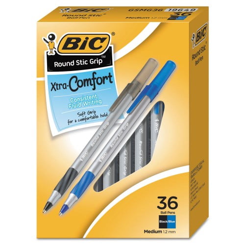New BIC Round Stic Grip Xtra Comfort Stick Ballpoint Pen, 1.2mm, Assorted Ink/Barrel, 36/Pack,Each