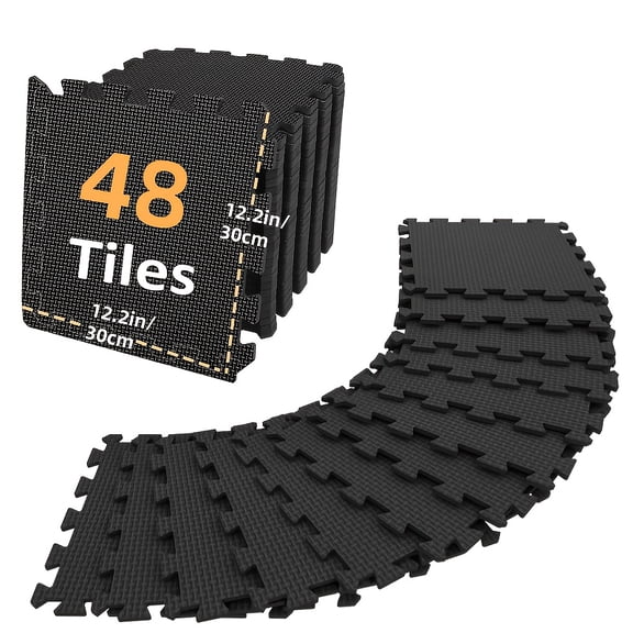 48-Pack Interlocking EVA Foam Floor Mats, Anti-Slip Fitness Gym Tiles Black Gold, Snap-Together for Home Gym Garage